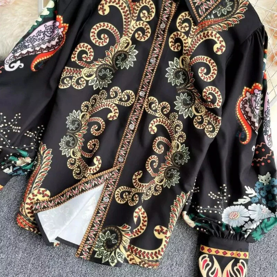 Retro Black Lapel Field Totem Print Buttoned Lantern Sleeve Blouse AR1004 shopify