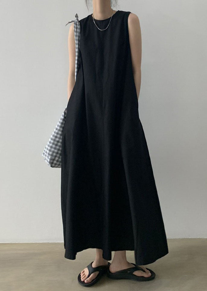 Black Sleeveless Robe O-Neck Cotton Dresses FashionChic