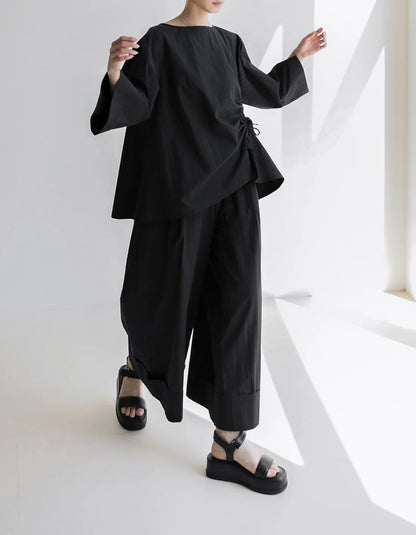 Casual Cotton Top Drawstring Sleeve Khaki Half Asymmetrical FashionChic