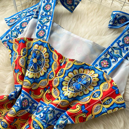 Retro Blue Square Neck Contrast Color Print Bow Decor Strap Ruffled Hem Dress AR1024 shopify