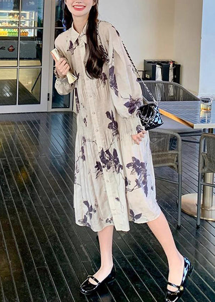 Style Lantern Dresses Chinese Collar Wrinkled Button Print Long FashionChic