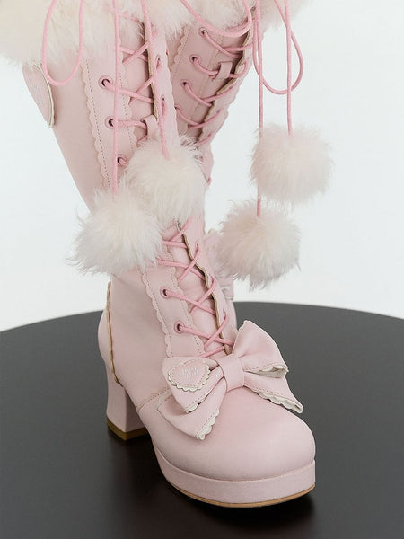 - Bow Cuff Accents Lolita Boots Plush Sweet with PU Knee-High Pink FashionChic