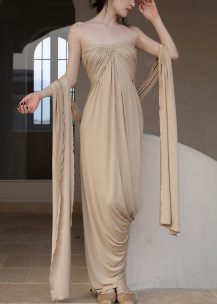 The Off Dresses Wrinkled Cotton French Long Khaki Shoulder FashionChic