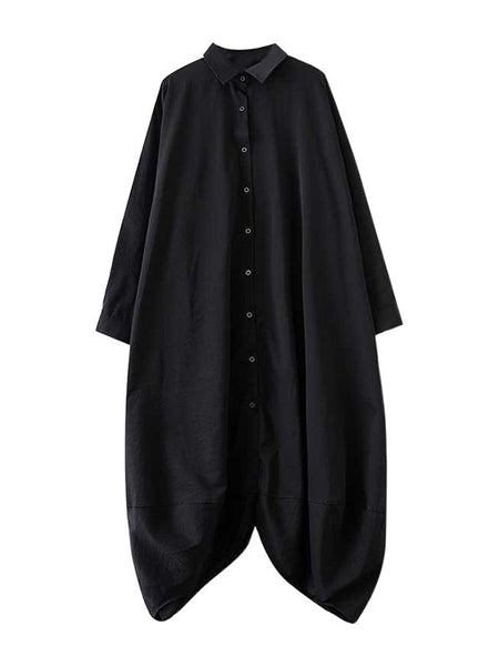 Stylish Black Lapel Buttoned Pockets A-Line Petal Hem Long Sleeve Shirt Dress TW015 ABC