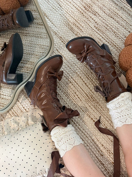 Mid-Calf Lolita Mid-heel Scalloped Brown Edge with Sweet Boots Detail Bow FashionChic