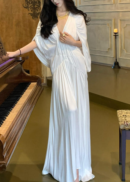 Dresses Neck White Wrinkled Sleeve Batwing Solid Women V FashionChic