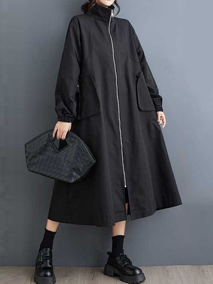 Retro Khaki High Neck Pockets Zip-up Long Sleeve Trench Coat TW005 ABC