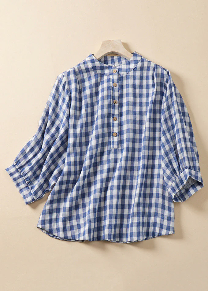 Grace Blue Plaid Stand Collar Cotton Blouses Bracelet Sleeve QR023 GSK-240929