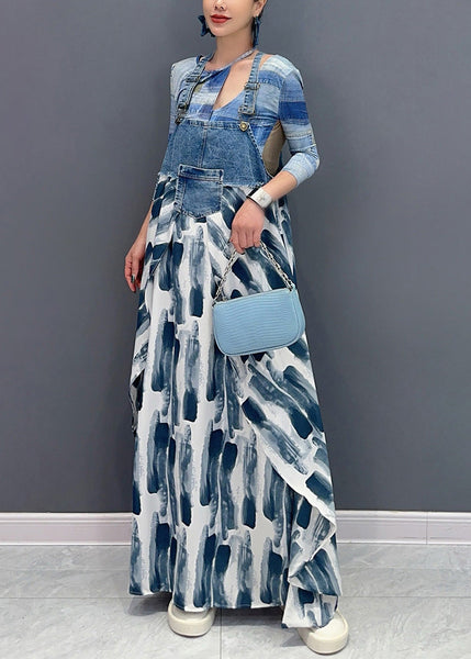 Art Blue Print Pockets Patchwork Long Dress Sleeveless AR1034 JDML-240823