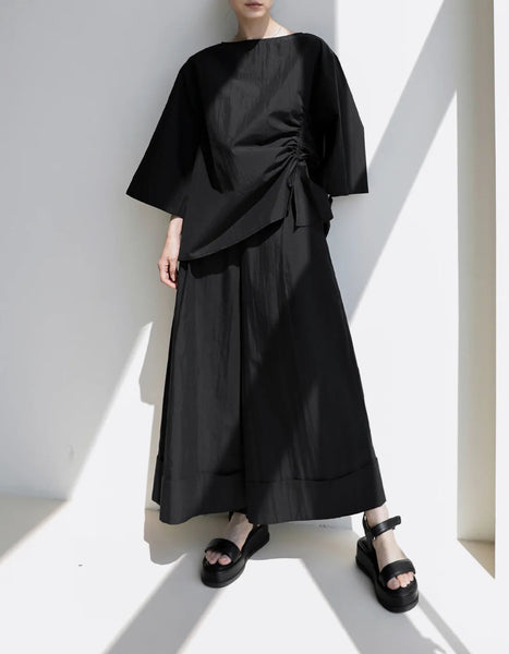 Casual Cotton Top Drawstring Sleeve Khaki Half Asymmetrical FashionChic