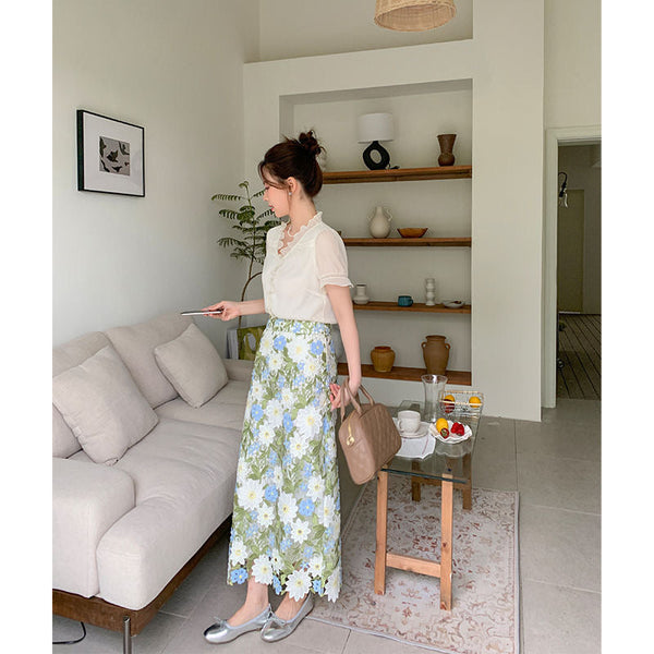 Floral Green Straight Elegant Embroidery Skirt FashionChic