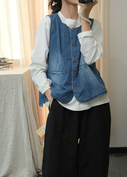 Natural Blue O Neck Button Denim Vest Sleeveless QC004 shopify