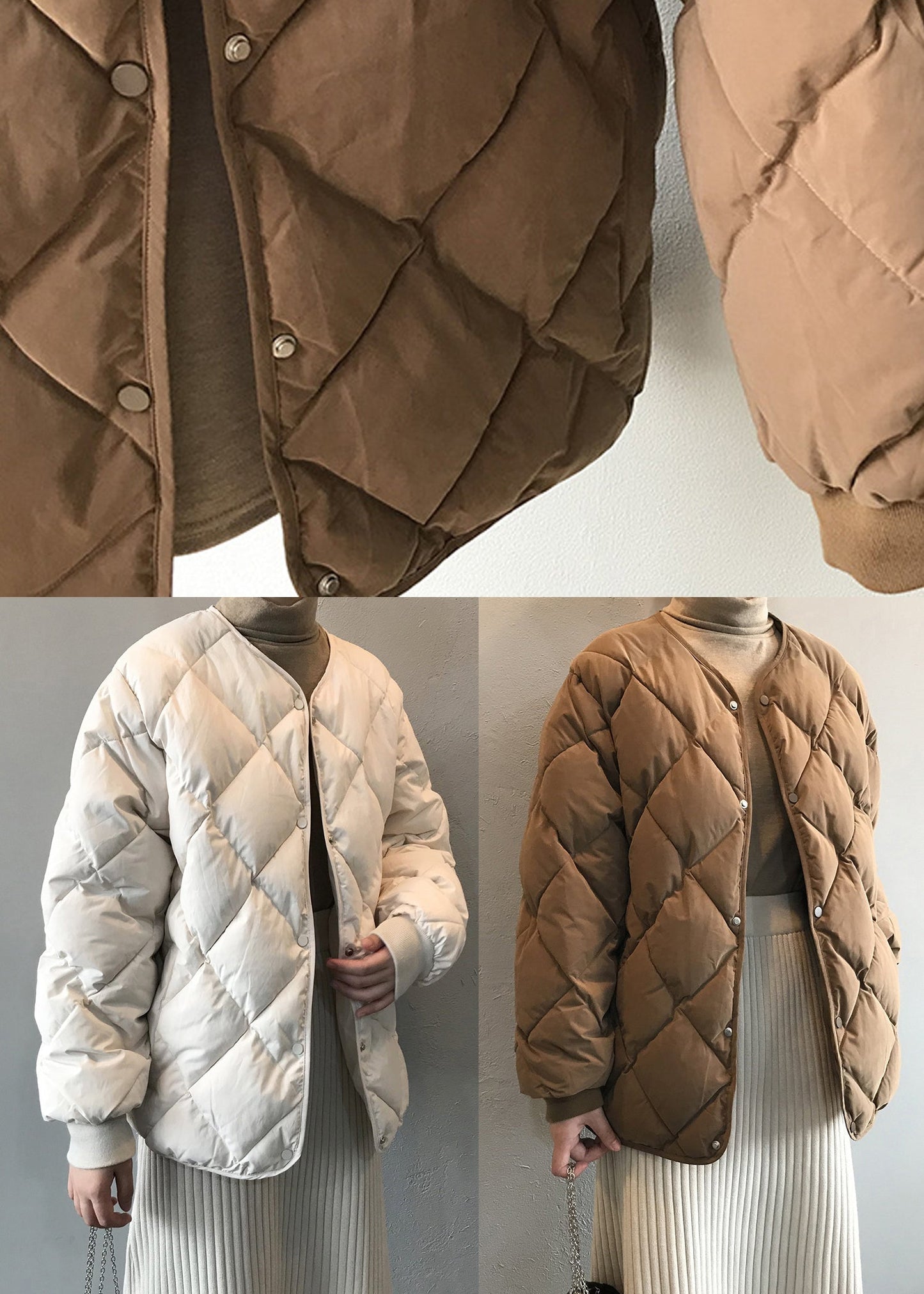 Beige Pockets Button Fine Cotton Filled Coats Winter AF1005 HS-DJK240914