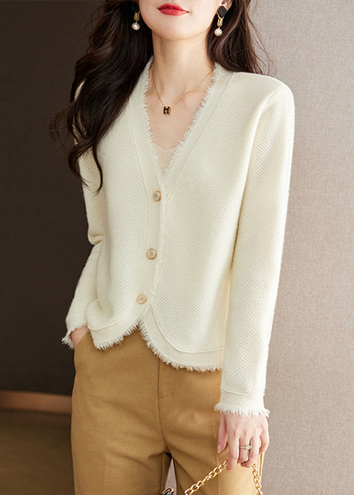 New Beige V Neck Button Solid Wool Knit Cardigan Fall RY020 ABC