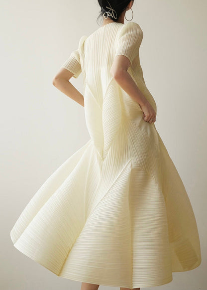 Cotton French Dresses Beige Style Summer Wrinkled FashionChic