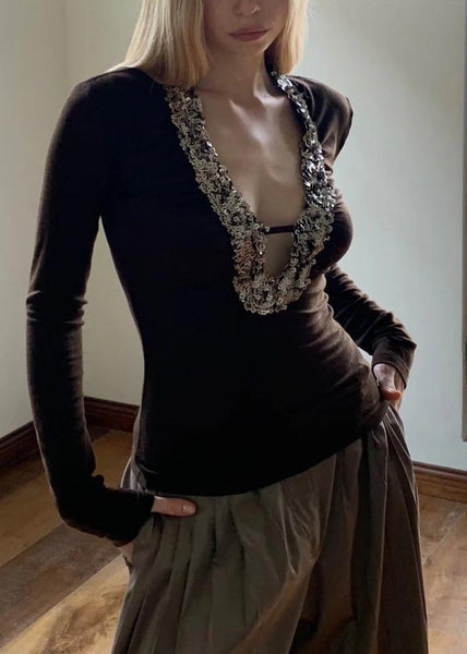 Spring U Neck Boho Coffee Top Sequins Silk FashionChic