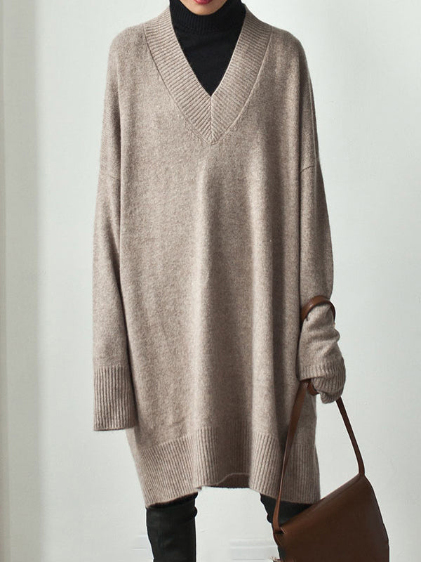 Stylish Loose Camel V-Neck Long Sleeve Sweater Dress QX006 shopify