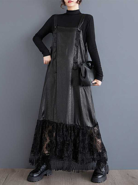 Elegant Black Square Collar Jacquard Patchwork Lace Ruffled Hem Suspender Dress TW010 ABC