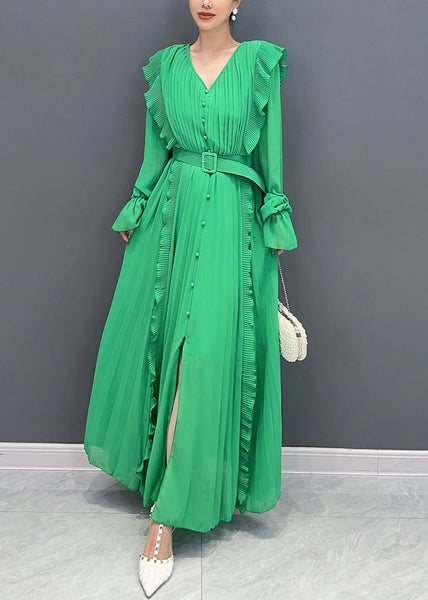 New Green Ruffled Button Sashes Chiffon Dress Long Sleeve AR1033 JDML-240823