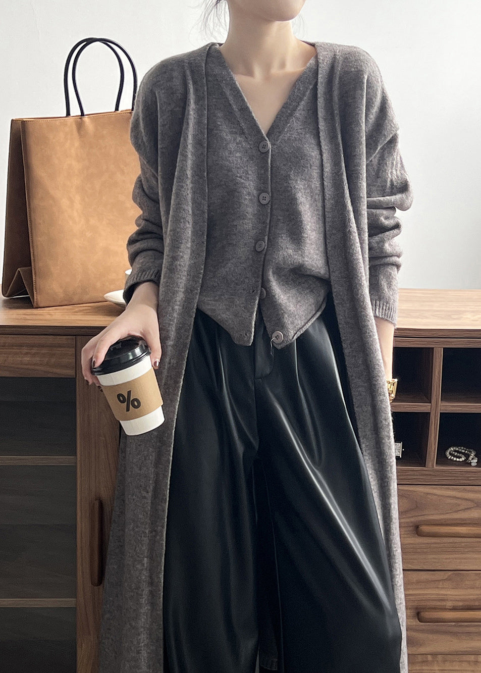 Loose Camel V Neck Tank And Cardigan Knit Two Piece Set Fall AF1097 HS-TPIEC240914