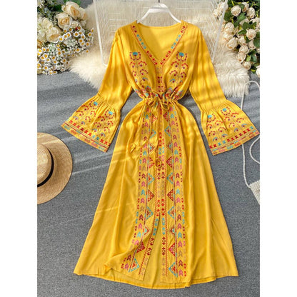 Ethnic Yellow V-Neck Embroidery Drawstring Waist Trumpet Sleeve Dress AR1008 shopify