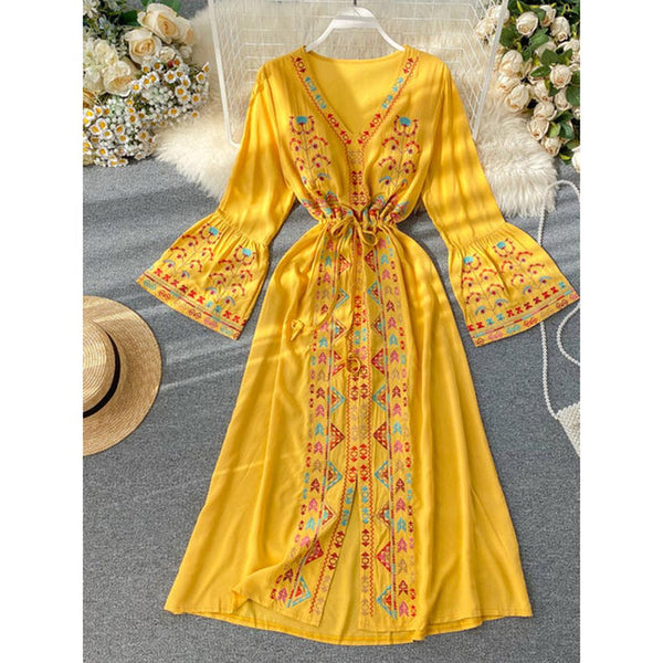 Ethnic Yellow V-Neck Embroidery Drawstring Waist Trumpet Sleeve Dress AR1008 shopify