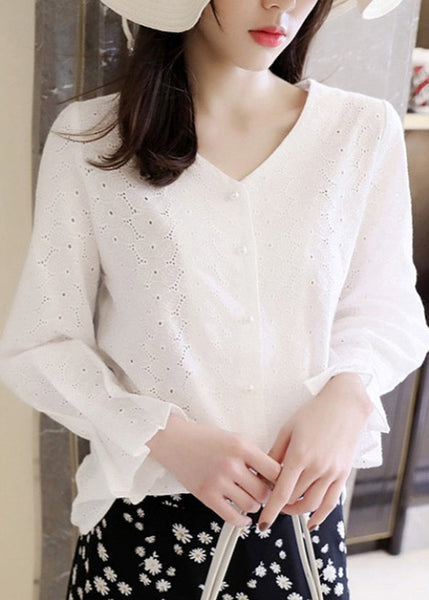 Flare Out French Hollow White V Embroidered Neck Cotton Top FashionChic