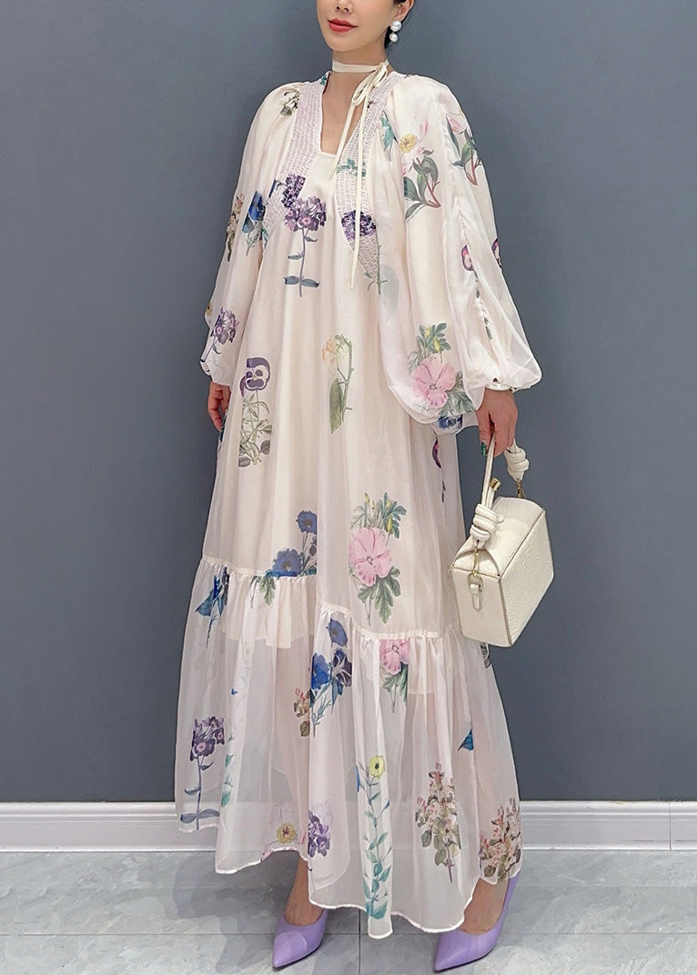 Bohemian White Print Chiffon Long Dresses Lantern Sleeve AR1027 JDML-240823