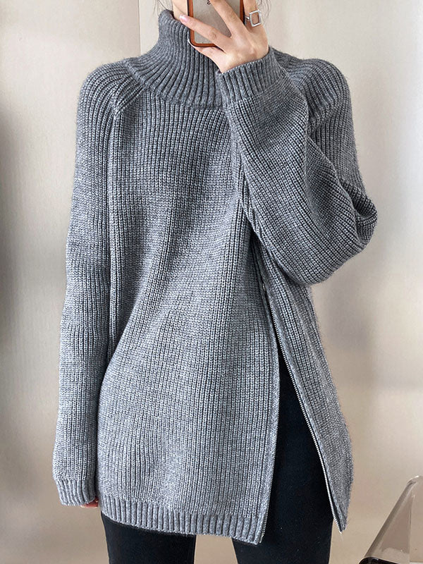 Urban Grey Halter-Neck Split-Side Zip-up Long Sleeve Sweater AN1033 Genistyle Shop