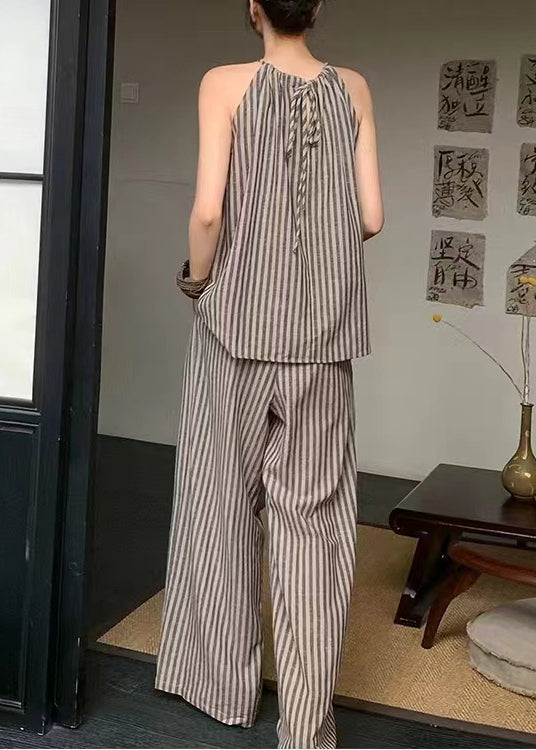 French Fashion Coffee Striped Top Wide Leg Pants Two Piece Set Summer EE055 shopify