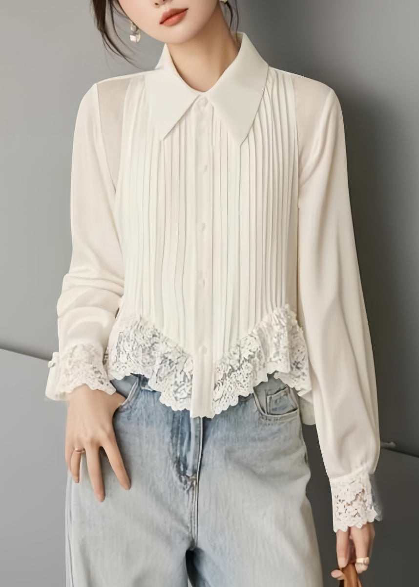 Art White Button Lace Solid Chiffon Blouses Spring RV040 ABC