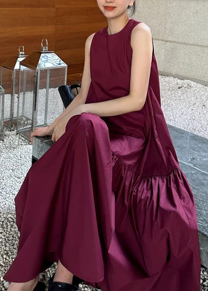 Wine Dresses Cotton Solid Pockets Long Red Wrinkled Simple FashionChic