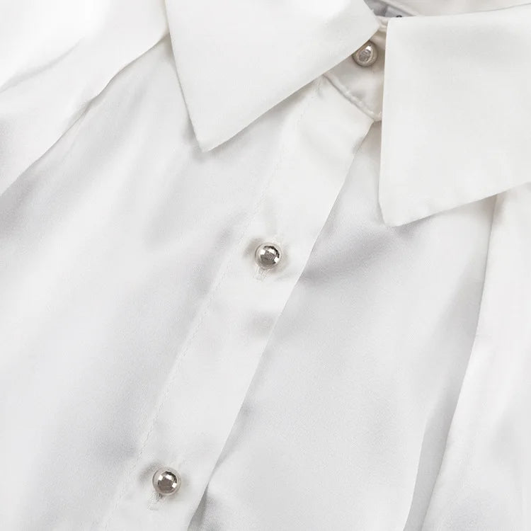 Satin Off Tie Top Sleeve Party Long Shoulder Lapel White with FashionChic