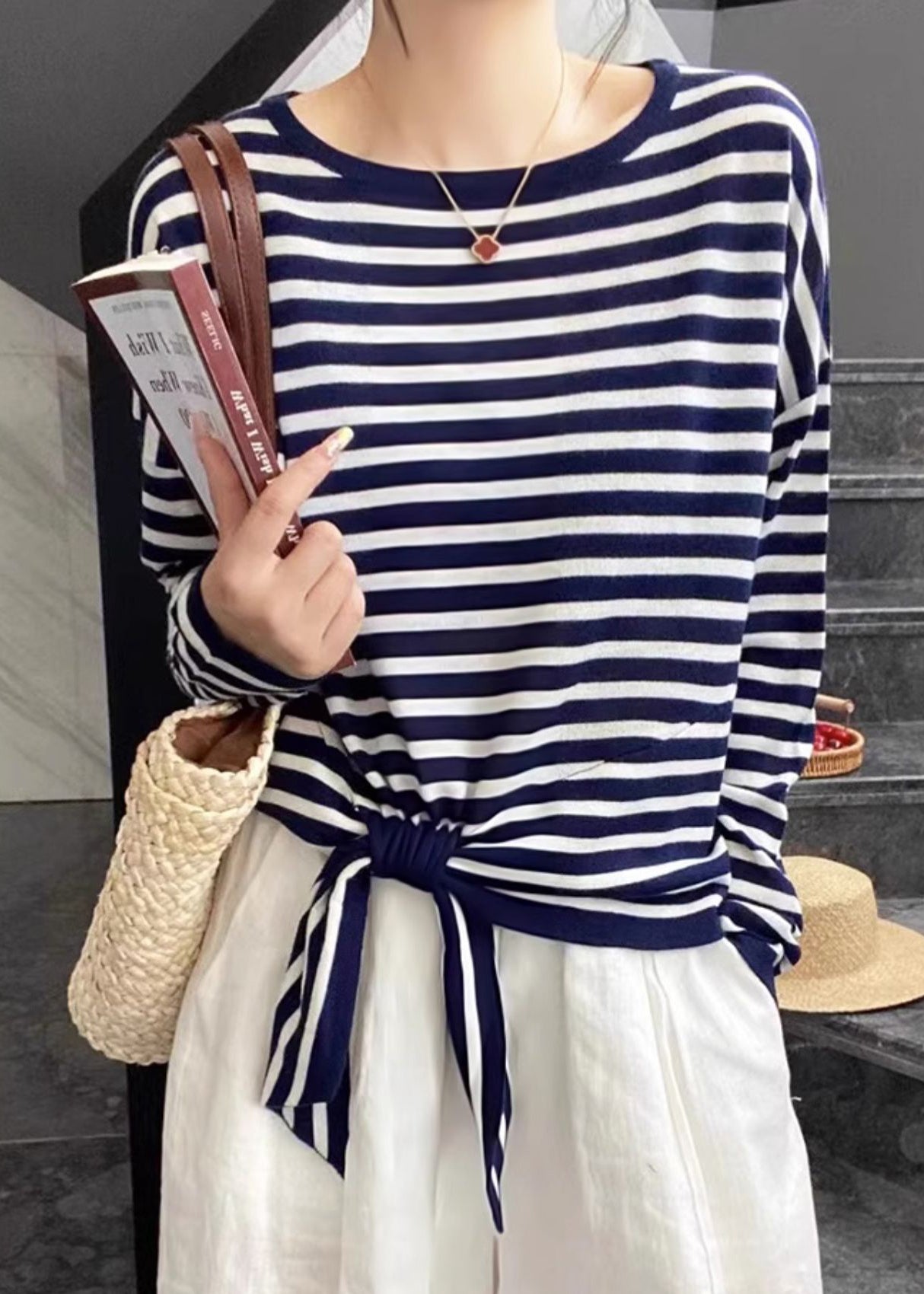 Spring O T Lace Striped Black Up Loose Neck Cotton Shirt FashionChic