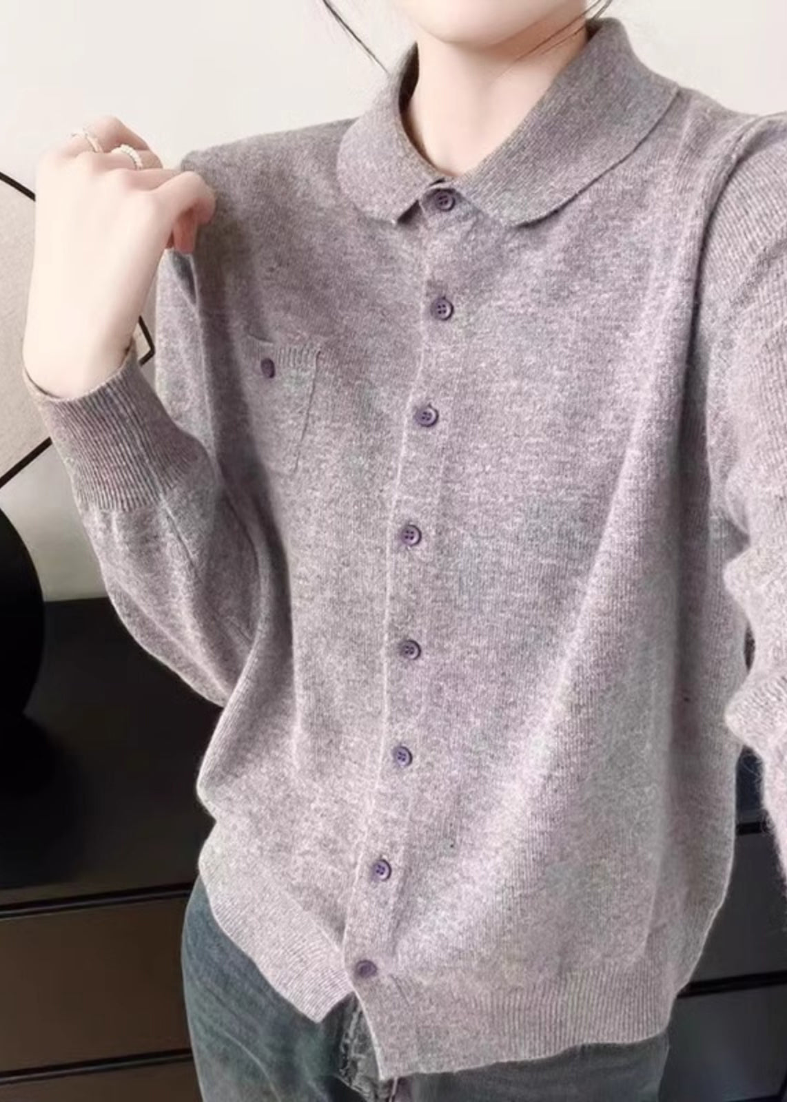 Handmade White Peter Pan Collar Pockets Solid Cotton Knitted Cardigans Fall QP009 OL-NCT241001