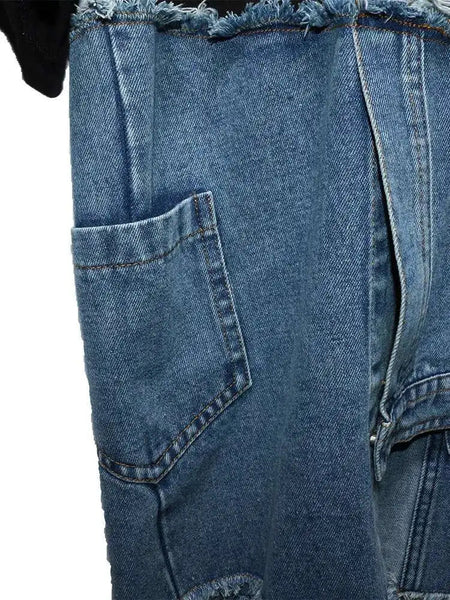 Denim Street Patchwork Sleeve White Short T-Shirt O-neck Hem FashionChic