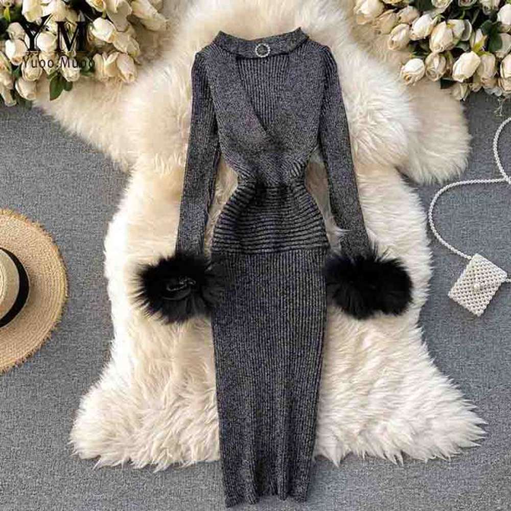 Modern Purple V-neck Hollow Out Halter Long Sleeve With Fur Knit Dress AR1009 shopify