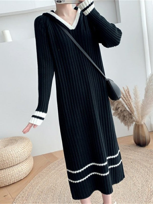 Urban Coffee Hooded V-Neck Long Sleeve Striped Knit Dress AN1051 Genistyle Shop