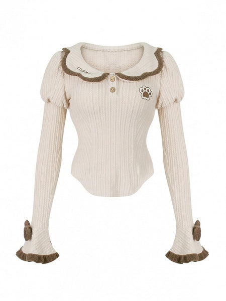 Bow Details with Brown Top Long Light Knit Juliette Bear Pattern Sleeves and Paw Adorable FashionChic