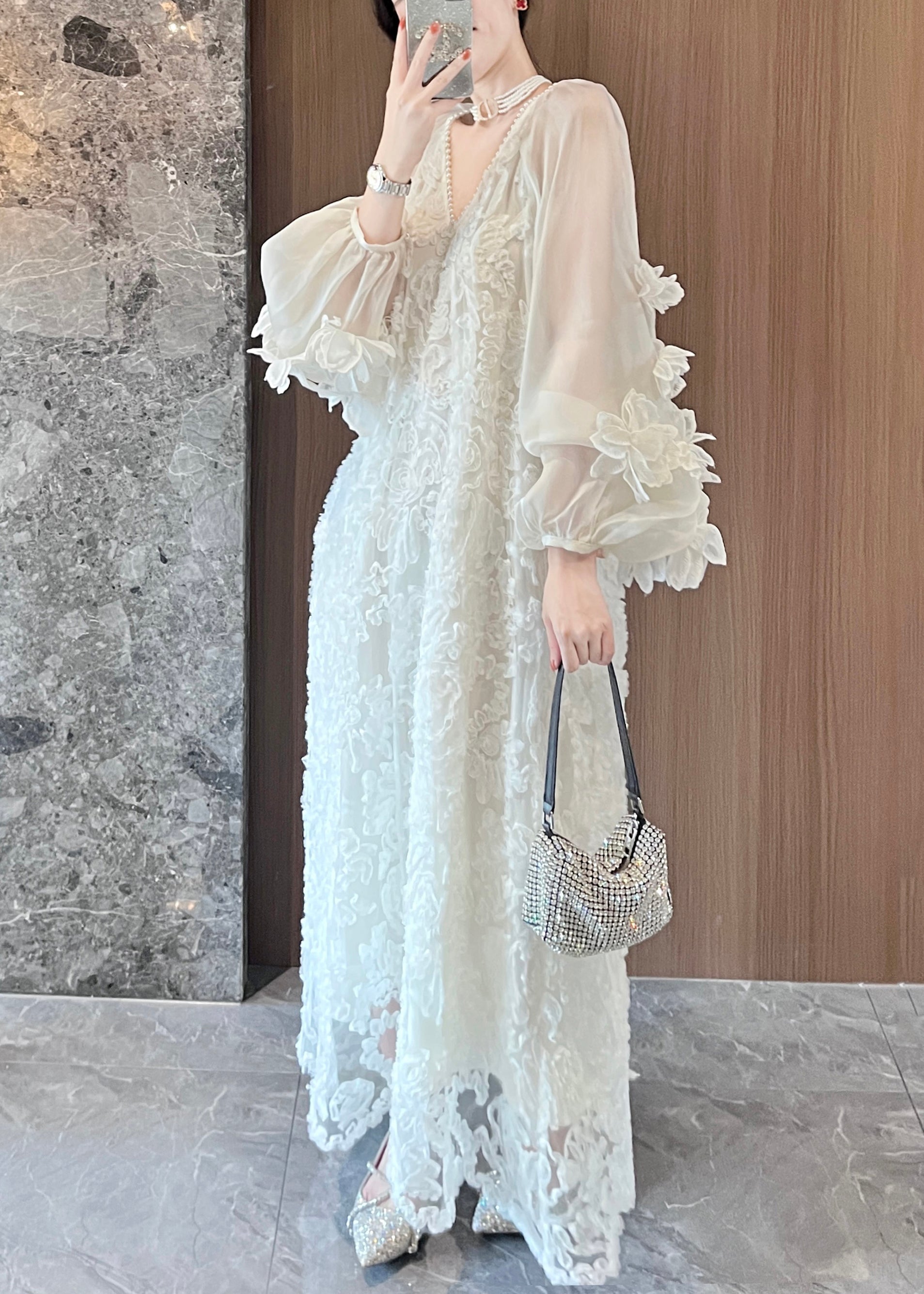 Beige Patchwork Italian Tulle V Spring Dresses Lace Neck Long FashionChic