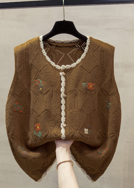 Unique Beige O-Neck Embroidered Floral Cotton Knit Waistcoat Fall QP013 OL-NTP241001