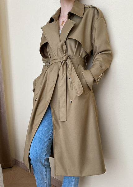 Loose Khaki Pockets Tie Waist Cotton Trench Coat Long Sleeve AF1093 HS-TCT240914