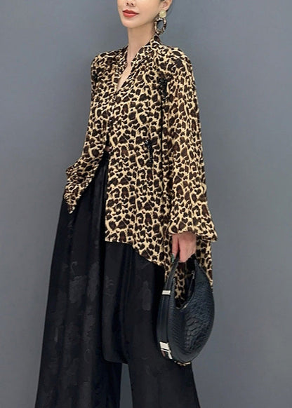 Fashion Leopard Stand Collar Asymmetrical Design Tops Fall AO1007 JDML-LTP240909