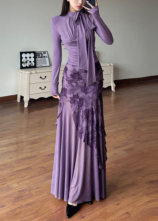 Tulle Skirts Purple Tops Novelty And Lace Patchwork Up Two-Piece FashionChic