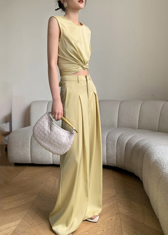 French Yellow O-Neck Silk Top And Wide Leg Pants Two Pieces Set Sleeveless AN1027 Genistyle Shop