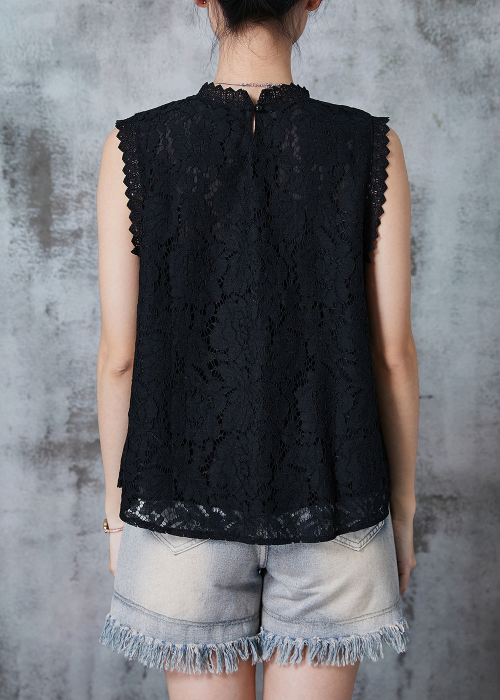 Unique Black Lace Patchwork Wrinkled Tanks Summer PZGY-VTP240826