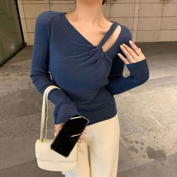 Stylish Blue V Neck Slanted Collar Long Sleeve Knit Top TW016 ABC