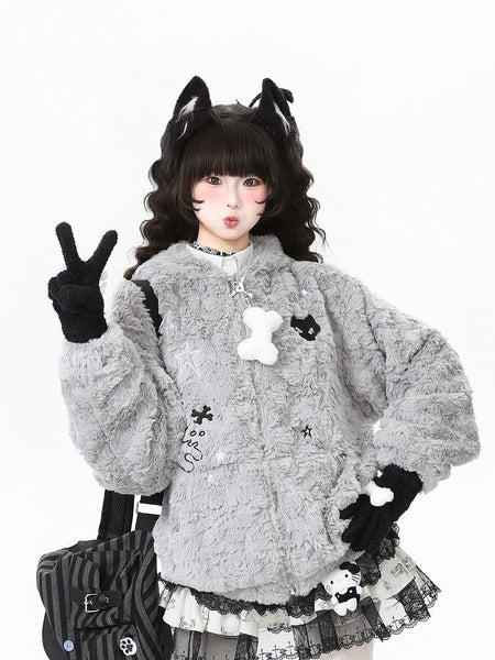 Hoodie Star Plush Bittersweet Pattern Black/Grey Jacket with FashionChic