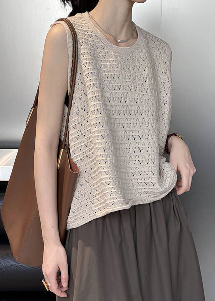 Khaki Hollow Out Cozy Loose Knit Vest O Neck Fall AF1010 HS-VTP240914