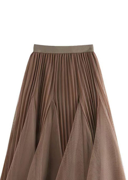 Women Brown Wrinkled Elastic Waist Tulle Skirts Spring RV005 ABC